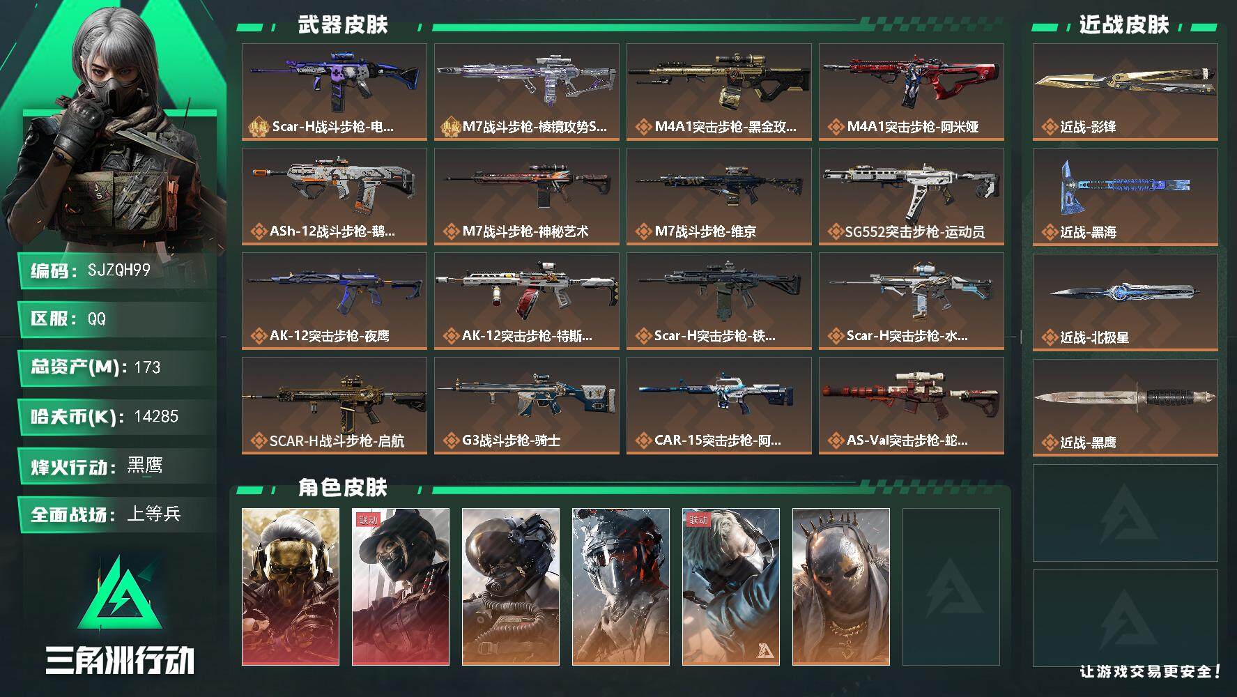 三角洲行动账号QQ【SJZQH99】总资产(M)：173M/哈夫币(K)：14285K/哈夫币(K)：14285K/全