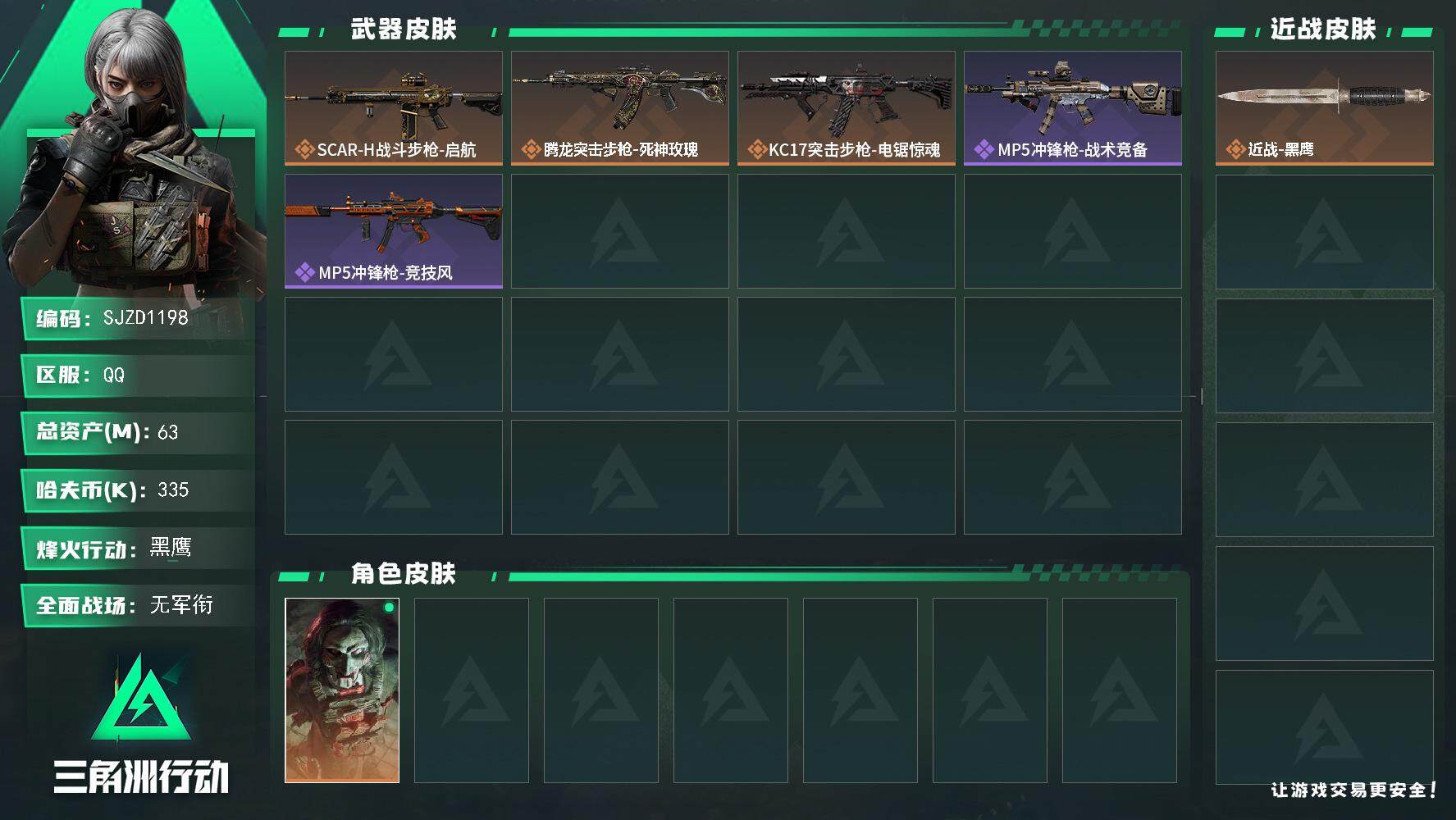 三角洲行动账号QQ【SJZD1198】总资产(M)：63M/哈夫币(K)：335K/哈夫币(K)：335K/传说枪皮数