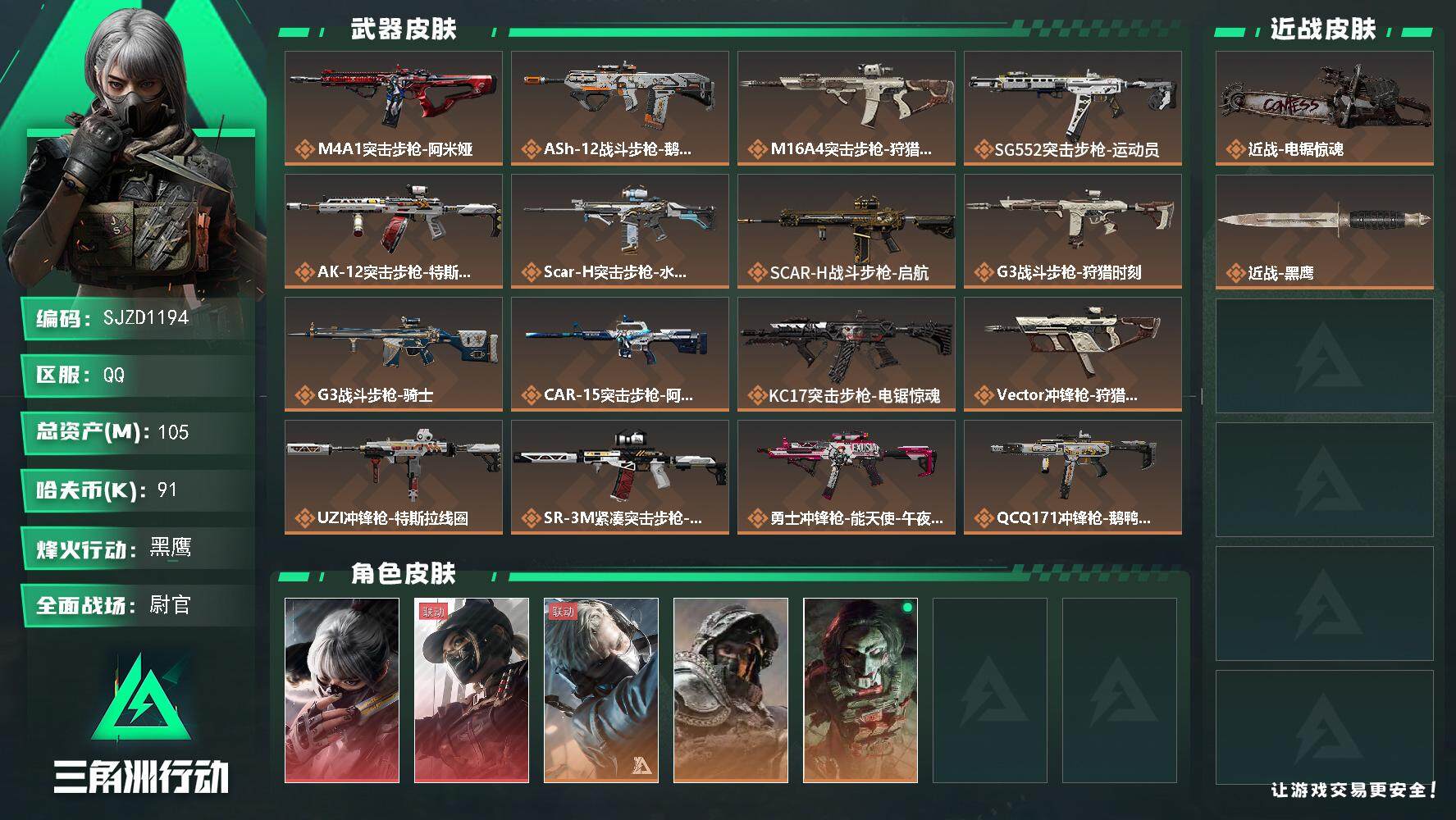 三角洲行动账号QQ【SJZD1194】总资产(M)：105M/哈夫币(K)：91K/哈夫币(K)：91K/全面战场等级：50_段位：尉官/烽火地带等级：60_段位：黑鹰/骇爪-水墨云图/露娜-黑·天际线/蜂医-送葬人