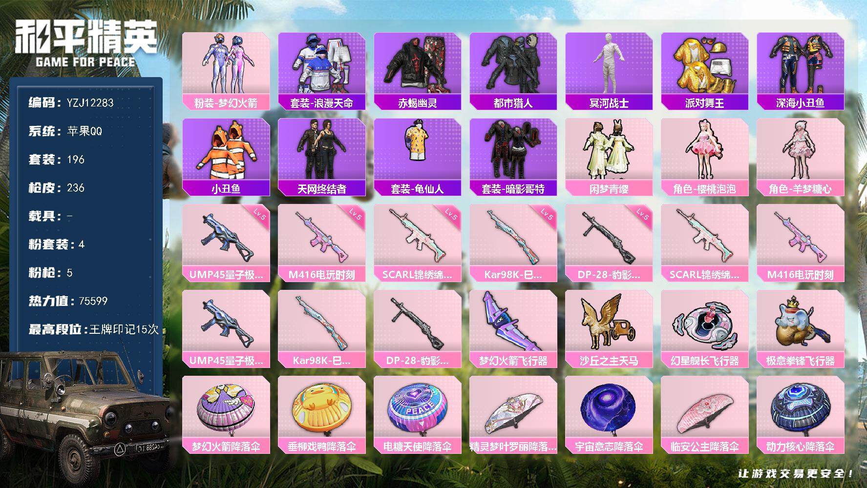 和平精英账号苹果QQYZJ12283-可二次-苹果Q-7稀有4粉装5特效枪11热门196套装236枪皮 75599热力值