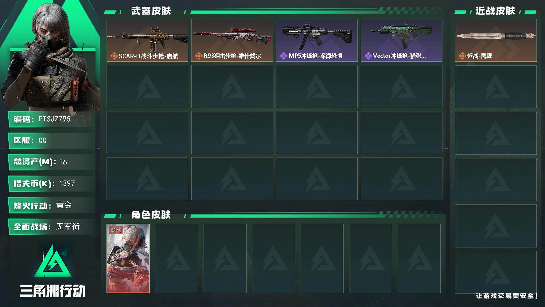 三角洲行动账号QQ【PTSJZ795】【限时秒杀】1397k哈伏币-12m流动资产-34烽火等级-黄金-1战场等级-无