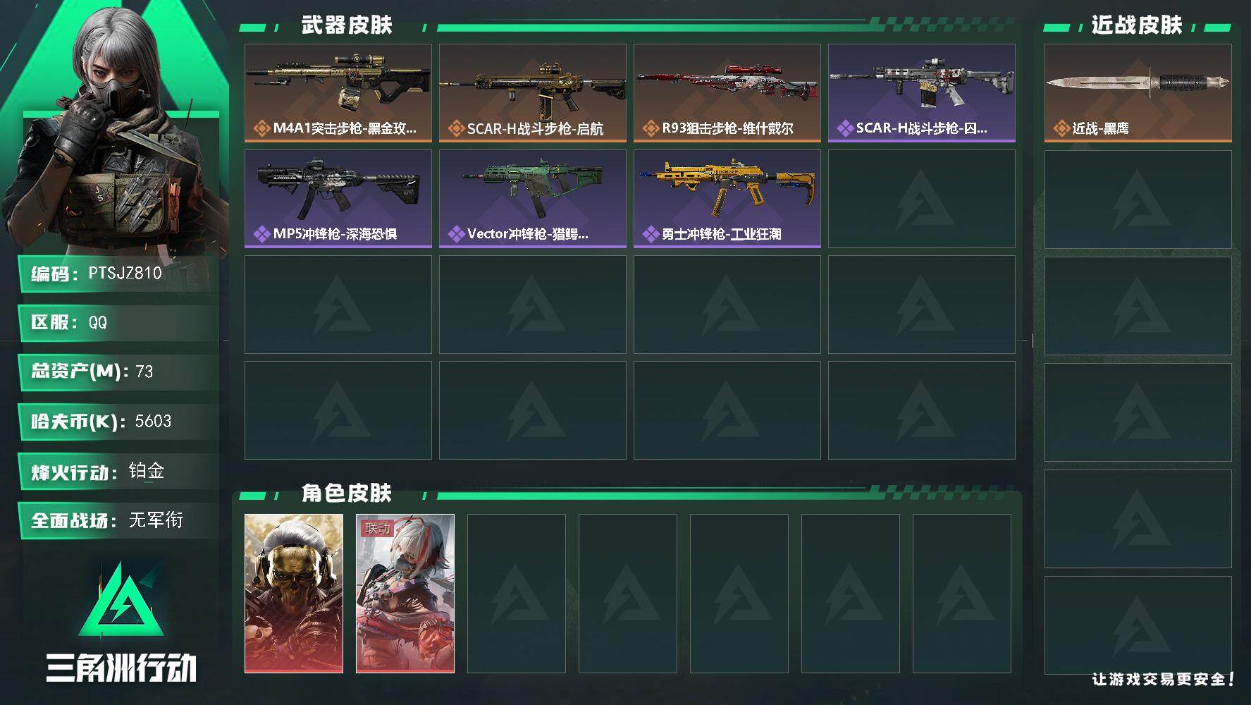 三角洲行动账号QQ【PTSJZ810】【限时秒杀】5603k哈伏币-68m流动资产-44烽火等级-铂金-1战场等级-无