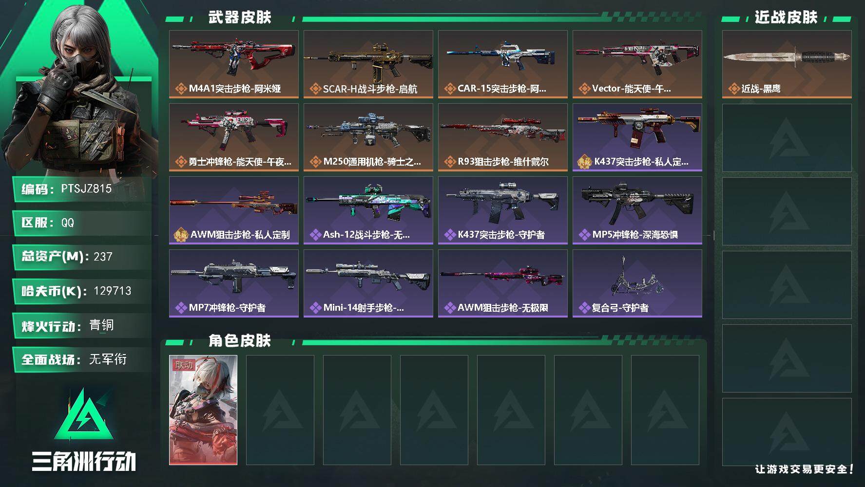 三角洲行动账号QQ【PTSJZ815】【限时秒杀】k哈伏币-237m流动资产-60烽火等级-青铜-1战场等级-无军衔
