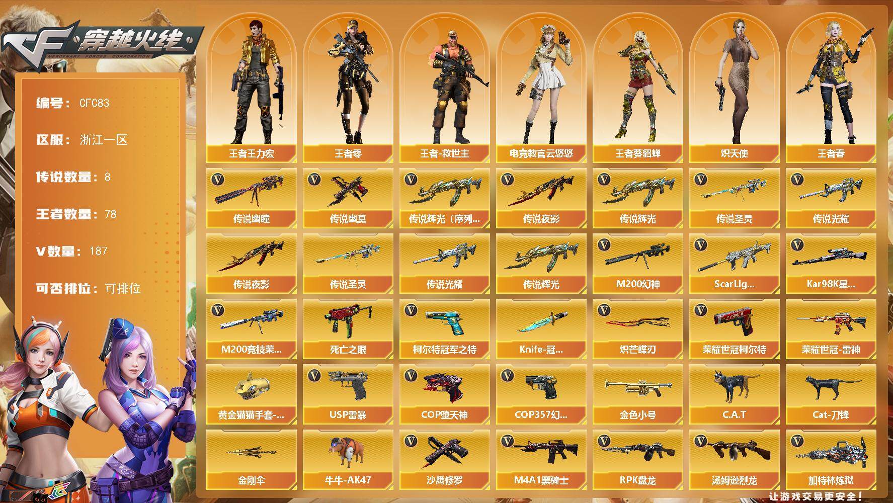 穿越火线账号东部战区浙江一区【CFC83】177V/102级/荣耀元首/8传说/78王者/8炫金/10英雄/传说辉光（序列号版）
