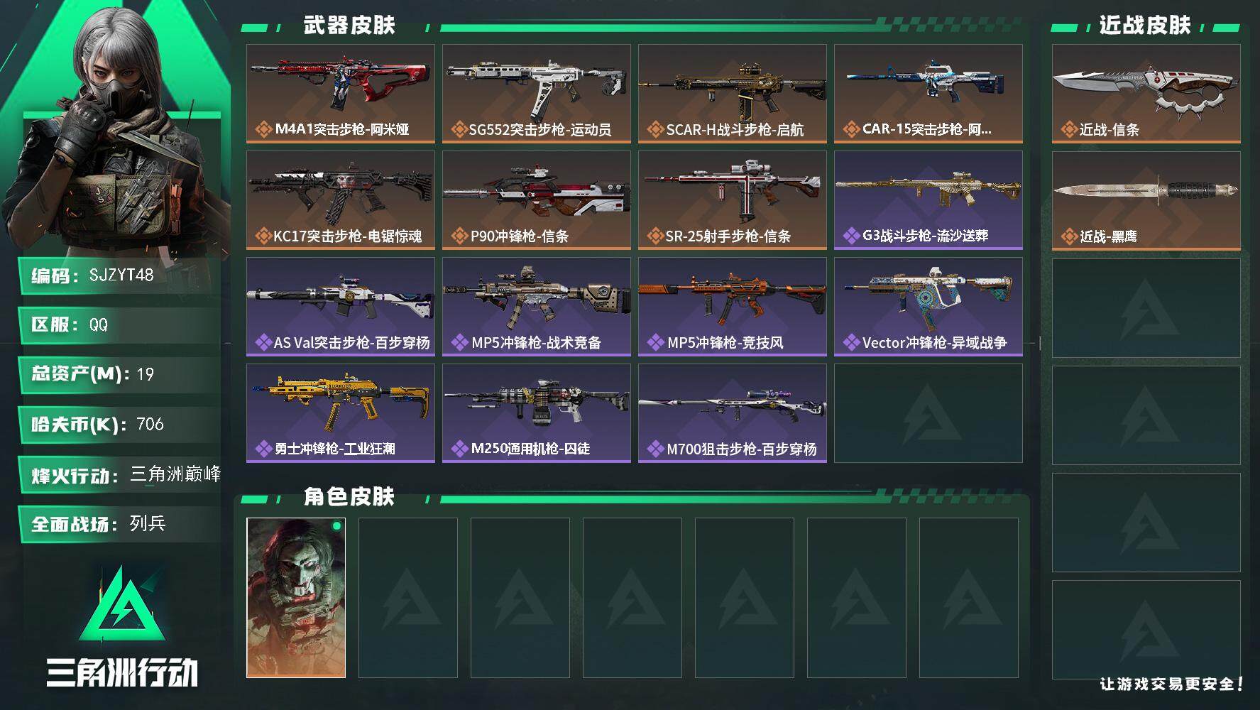 三角洲行动账号QQ【SJZYT48】总资产(M)：19M/哈夫币(K)：706K/哈夫币(K)：706K/全面战场等级
