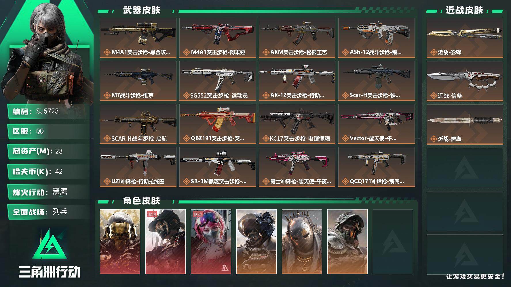三角洲行动账号QQ【SJ5723】总资产(M)：23M/哈夫币(K)：42K/哈夫币(K)：42K/传说枪皮数：24/