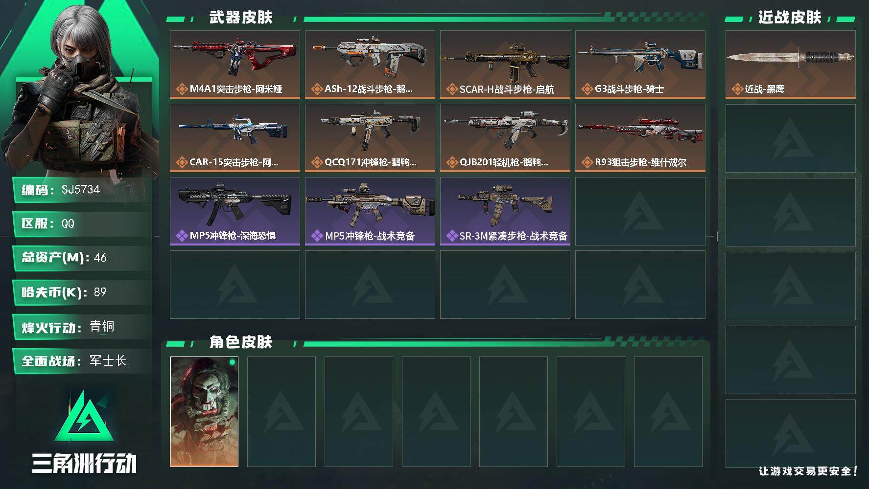 三角洲行动账号QQ【SJ5734】总资产(M)：46M/哈夫币(K)：89K/哈夫币(K)：89K/传说枪皮数：8/全面战场等级：22_段位：军士长/烽火地带等级：58_段位：青铜/红狼-电锯惊魂/近战-黑鹰/M4A