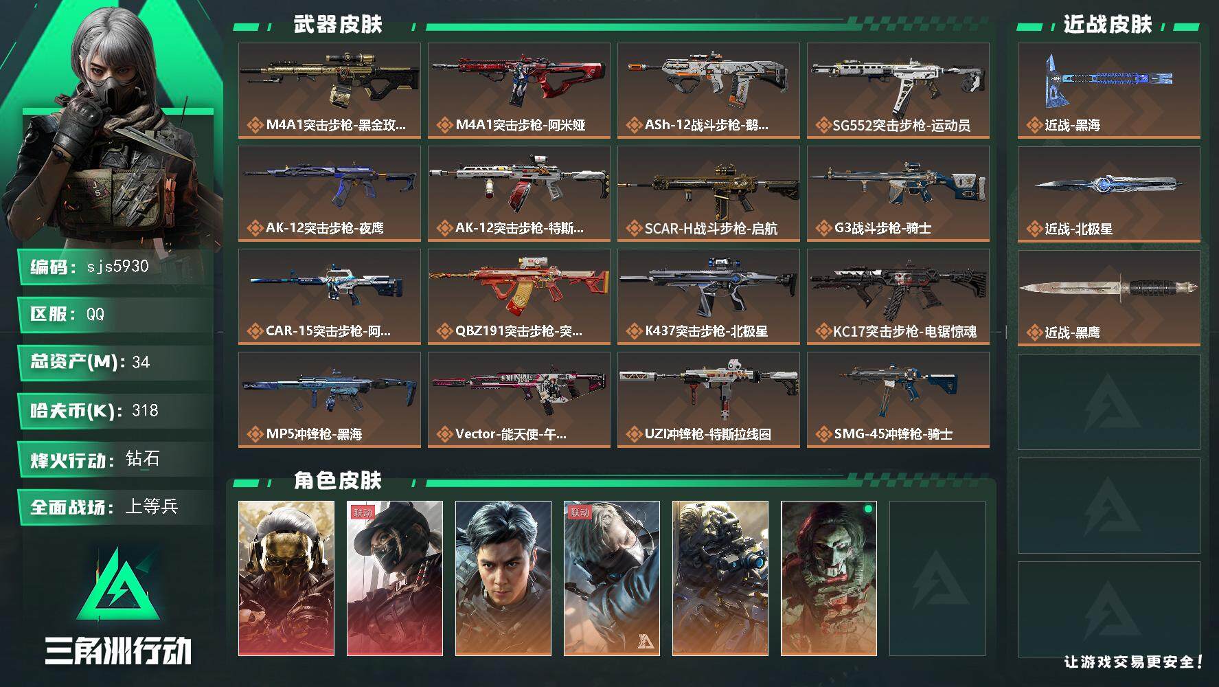 三角洲行动账号QQ【sjs5930】34.1M总资产 满级体力 蚀金玫瑰+天际线+北极星+黑海 烽火地带段位: 钻石 