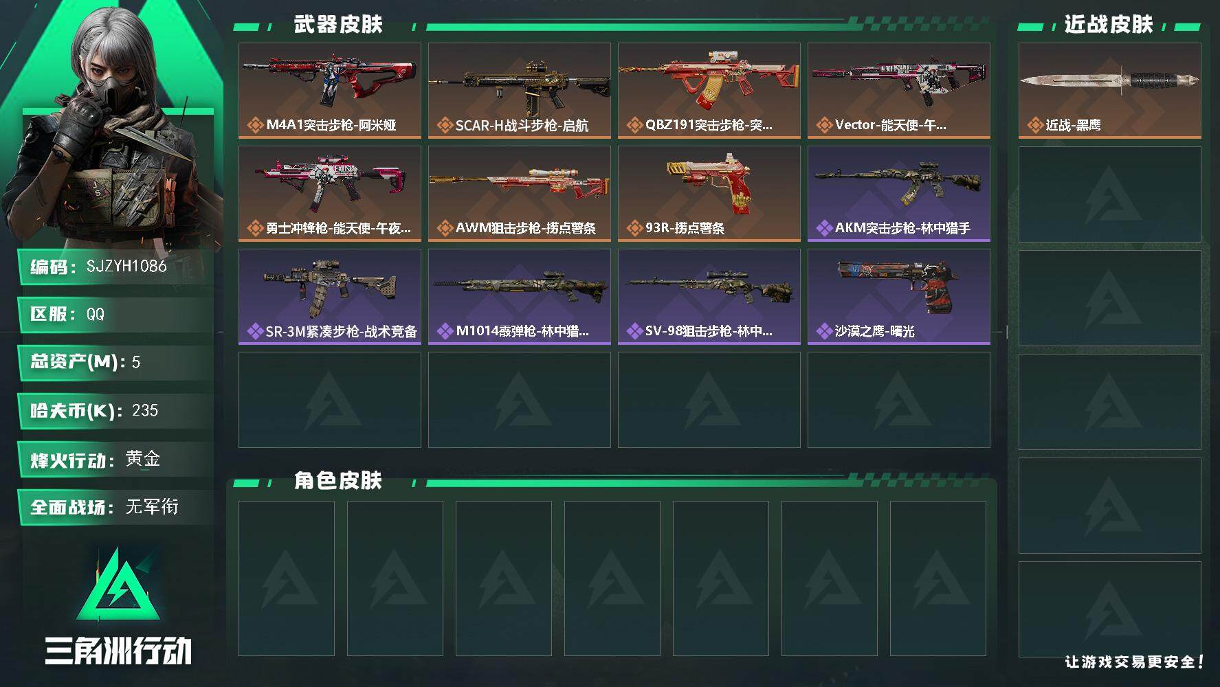 三角洲行动账号QQ【SJZYH1086】总资产(M)：5M/哈夫币(K)：235K/哈夫币(K)：235K/全面战场等级：1_段位：无段位/烽火地带等级：46_段位：黄金/近战-黑鹰/M4A1突击步枪-阿米娅/SCA
