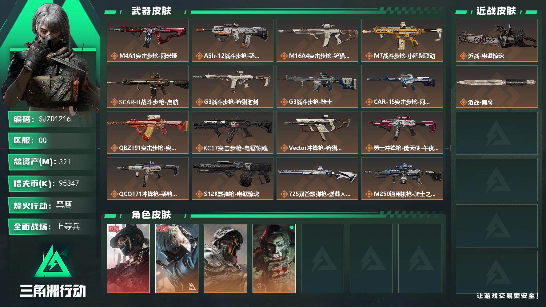 三角洲行动账号QQ【SJZD1216】总资产(M)：321M/哈夫币(K)：95347K/哈夫币(K)：95347K/