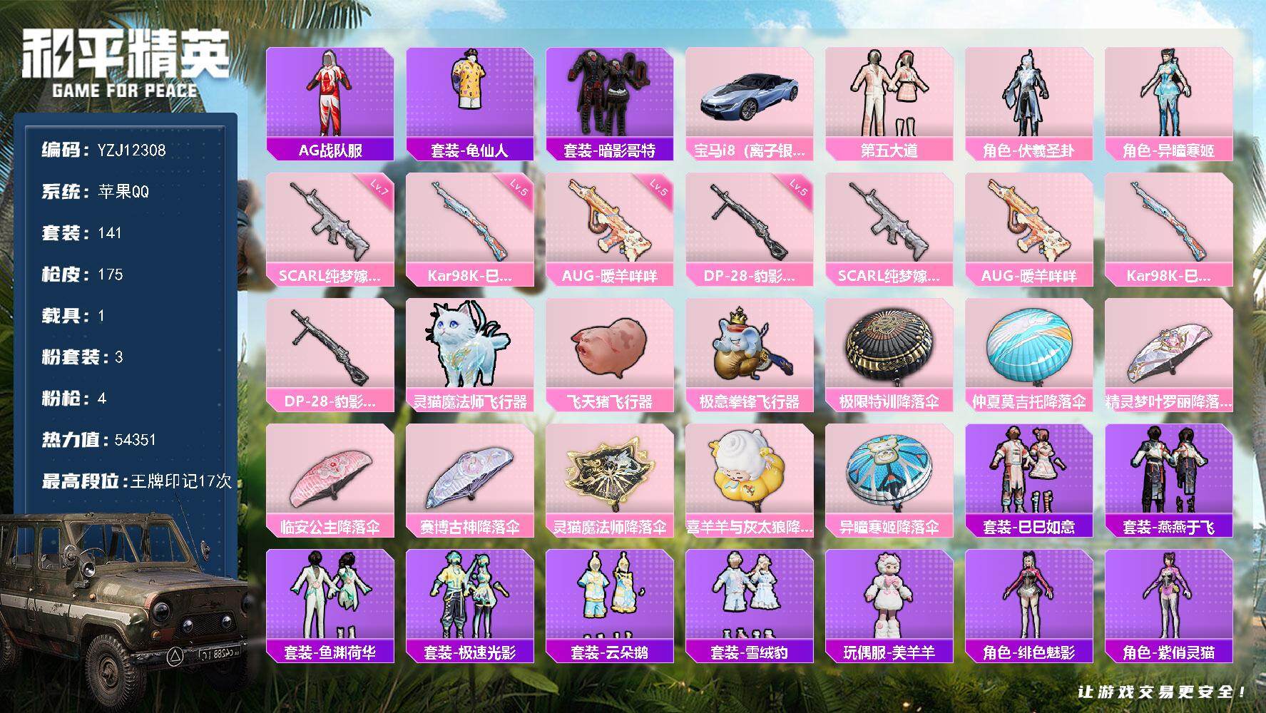 和平精英账号苹果QQ1载具-141套装-175枪皮-YZJ12308-可二次-苹果Q-巡查资格-AG粉丝标-AG战队服-