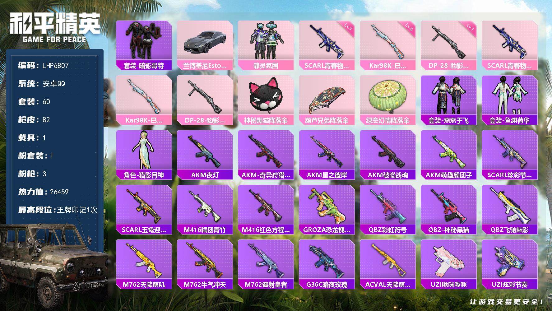 和平精英账号安卓QQ1载具-60套装-82枪皮-【店主推荐捡漏号！可直接换绑】 安卓 手Q-1粉装-3特效枪-1载具-2