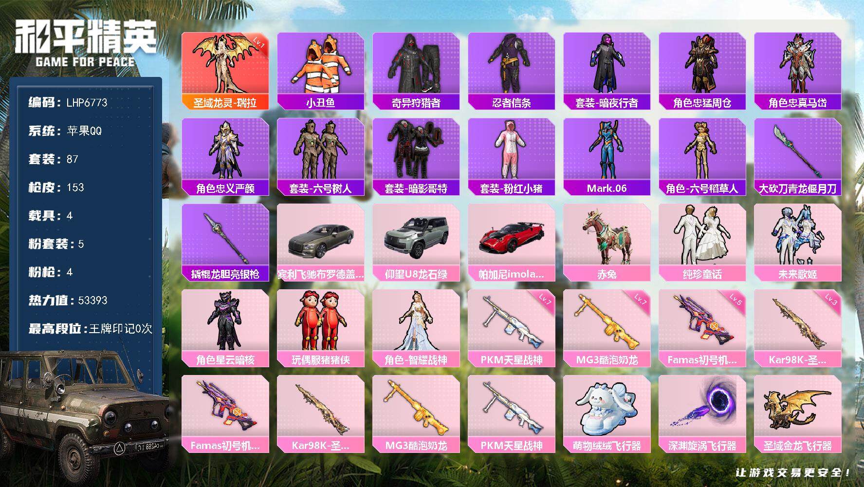 和平精英账号苹果QQ可二次【店主推荐捡漏号！可直接换绑】/素材身法号 苹果 手Q-1神装-5粉装-4特效枪-4载具-4粉色飞行器-5.3w热力值-1王牌印记-87套装-153枪皮【红色神装等级】：圣域龙灵-瑞拉(一级)