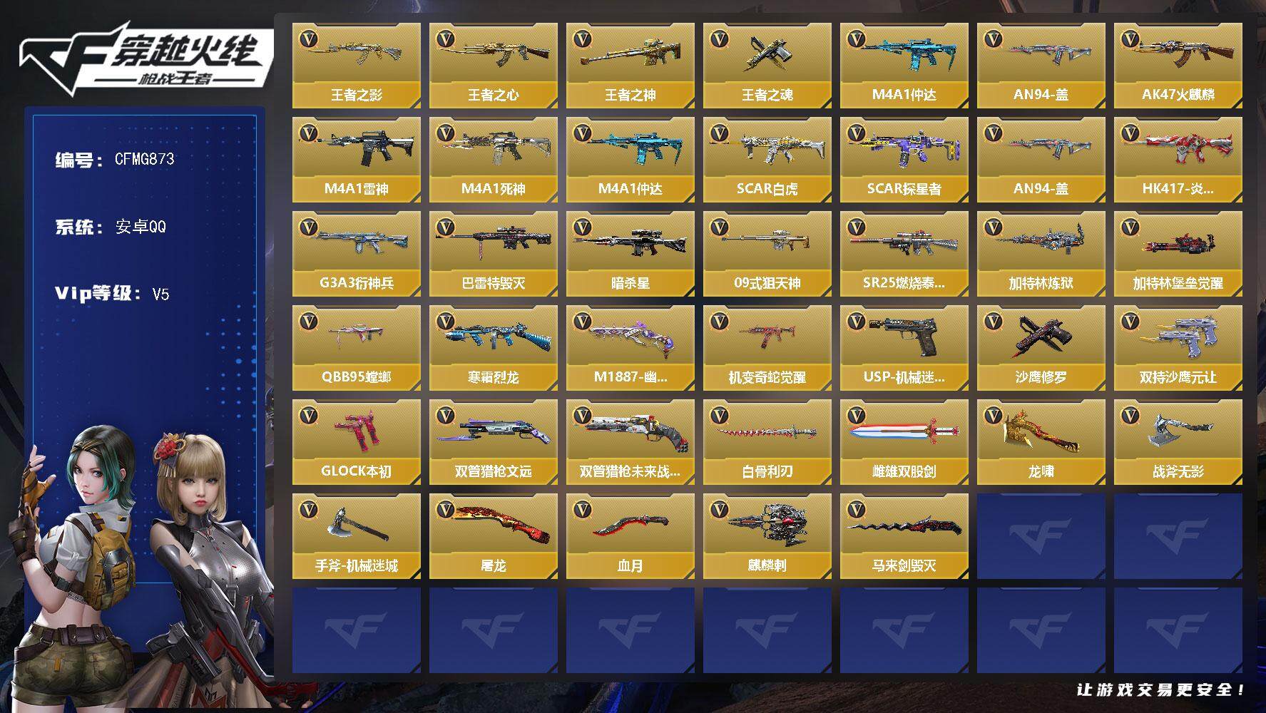 枪战王者账号安卓QQ【CFMG873】VIP5/84V/王者之影/王者之心/王者之神/王者之魂/M4A1-仲达/AN94