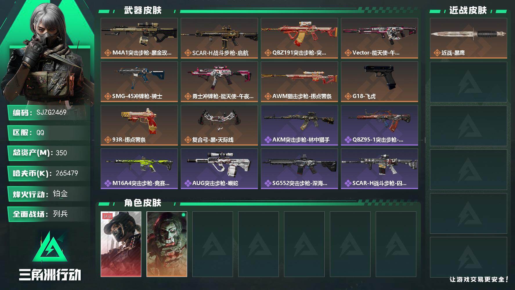 三角洲行动账号QQ【SJZG2469】总资产(M)：350M/哈夫币(K)：265479K/哈夫币(K)：265479K/全面战场等级：11_段位：列兵/烽火地带等级：60_段位：铂金/露娜-黑·天际线/红狼-电锯惊