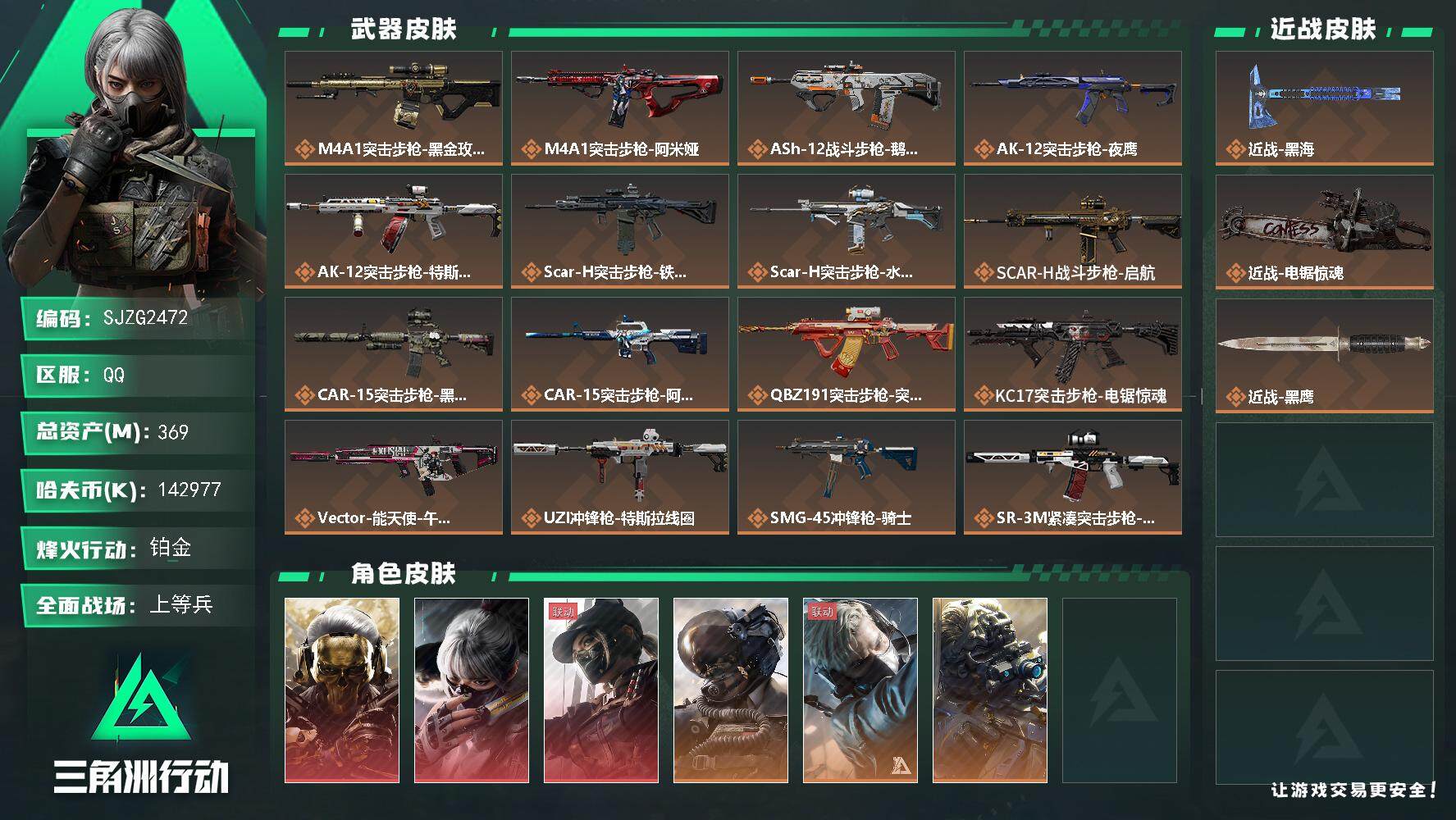 三角洲行动账号QQ【SJZG2472】总资产(M)：369M/哈夫币(K)：142977K/哈夫币(K)：142977K/全面战场等级：50_段位：上等兵/烽火地带等级：60_段位：铂金/红狼-蚀金玫瑰/骇爪-水墨云