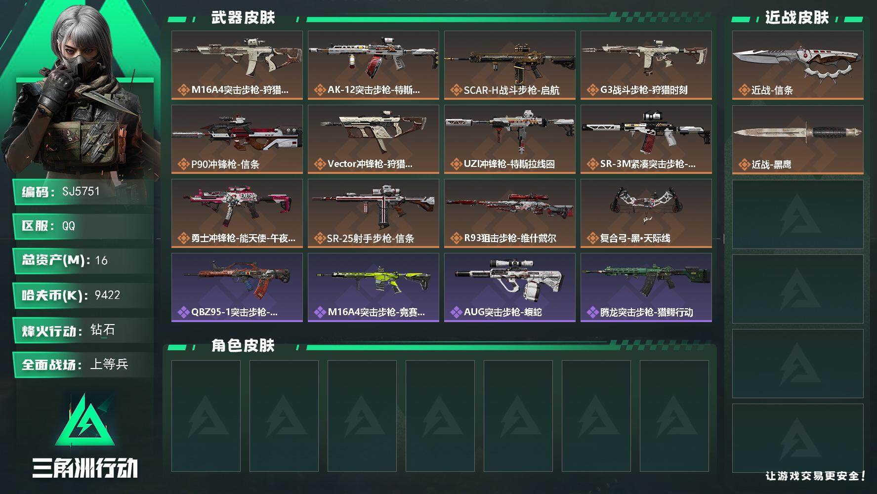 三角洲行动账号QQ【SJ5751】总资产(M)：16M/哈夫币(K)：9422K/哈夫币(K)：9422K/全面战场等