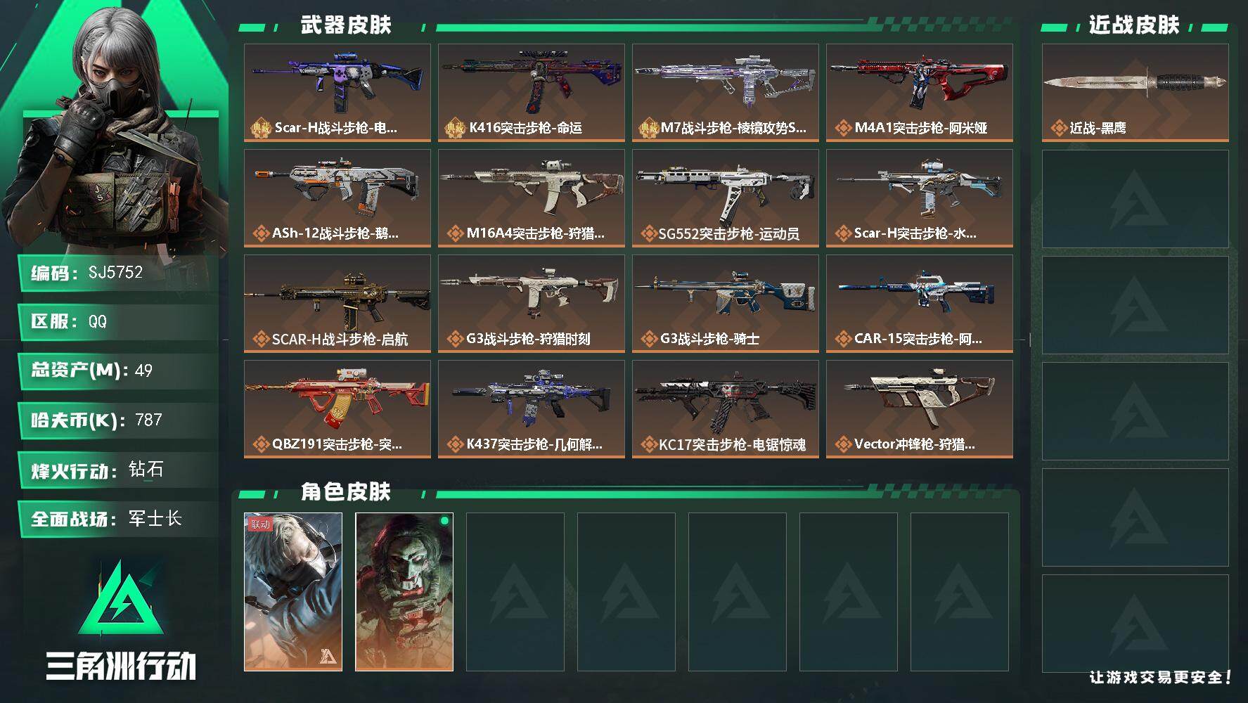 三角洲行动账号QQ【SJ5752】总资产(M)：49M/哈夫币(K)：787K/哈夫币(K)：787K/全面战场等级：39_段位：军士长/烽火地带等级：60_段位：钻石/蜂医-送葬人·无题密令/红狼-电锯惊魂/近战-