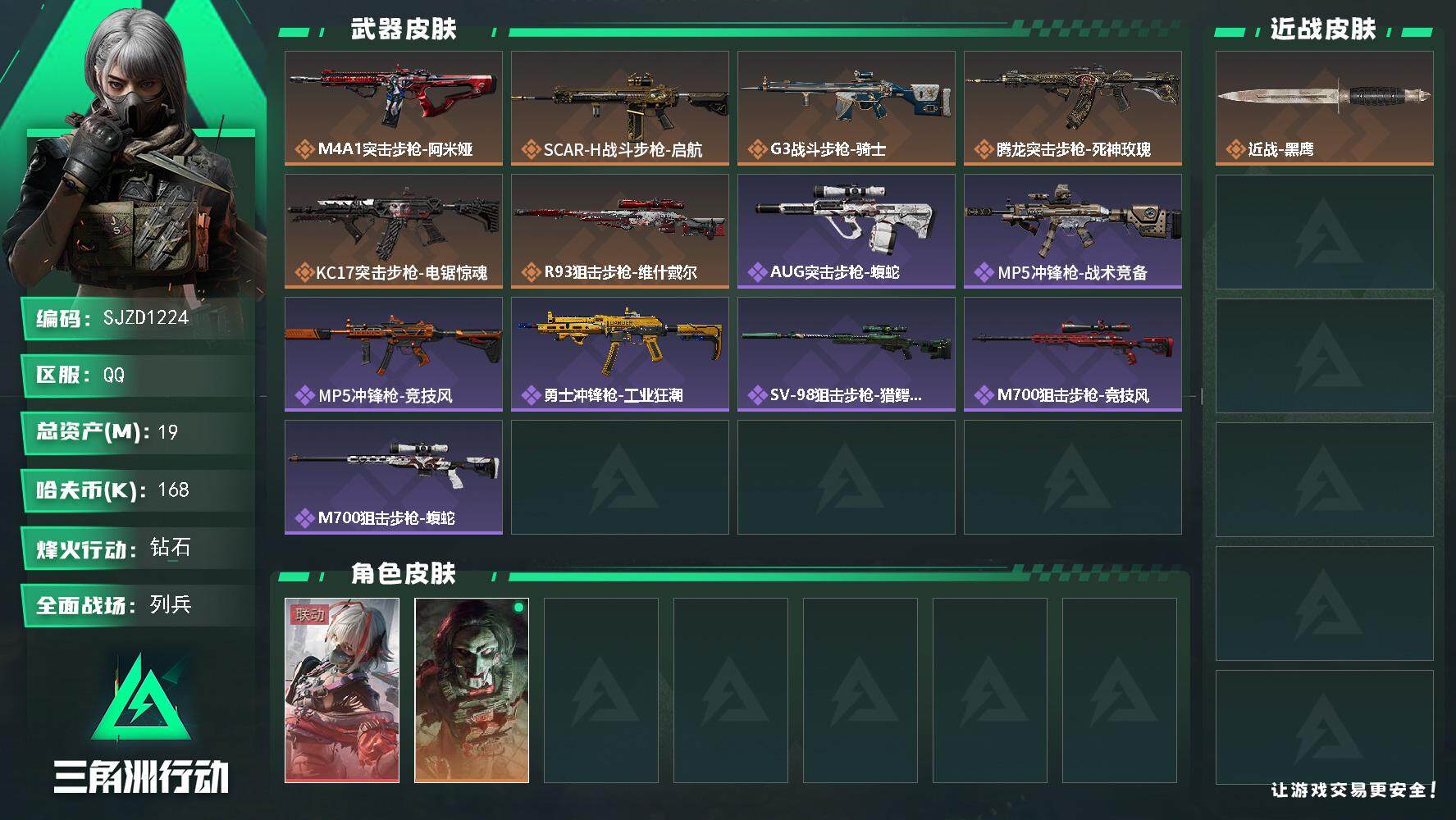 三角洲行动账号QQ【SJZD1224】总资产(M)：19M/哈夫币(K)：168K/哈夫币(K)：168K/传说枪皮数：6/全面战场等级：13_段位：列兵/烽火地带等级：60_段位：钻石/骇爪-维什戴尔/红狼-电锯惊