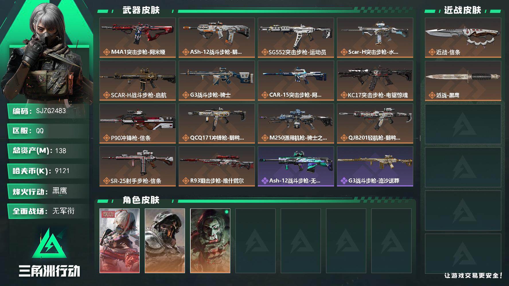 三角洲行动账号QQ【SJZG2483】总资产(M)：138M/哈夫币(K)：9121K/哈夫币(K)：9121K/全面