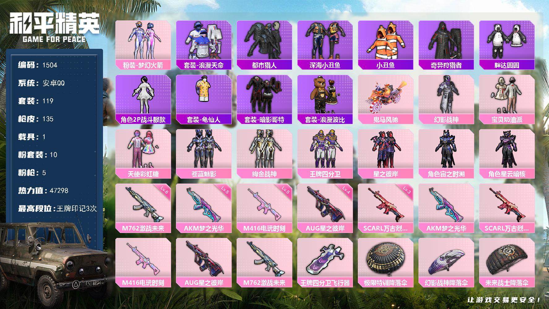 和平精英账号安卓QQ1载具-119套装-135枪皮-119套装/枪械5/装备153/载具1/战备80/王牌印记3/热力值