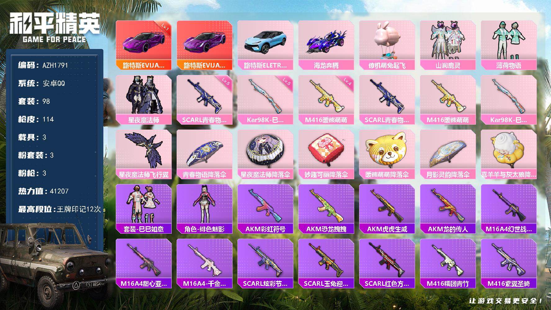 和平精英账号安卓QQ【AZH1791】安卓 手Q【五级青春物语SCAR-L四级暖熊萌萌M416 1级路特斯EVIJA（电