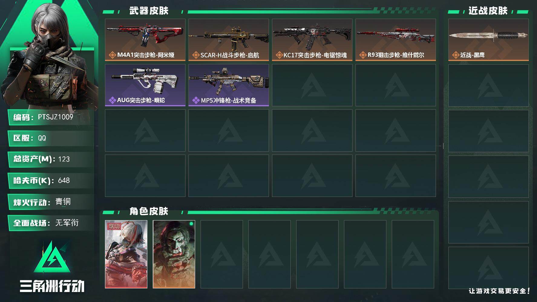 三角洲行动账号QQ【PTSJZ1009】【特价处理】648k哈伏币-123m流动资产-60烽火等级-青铜-1战场等级-