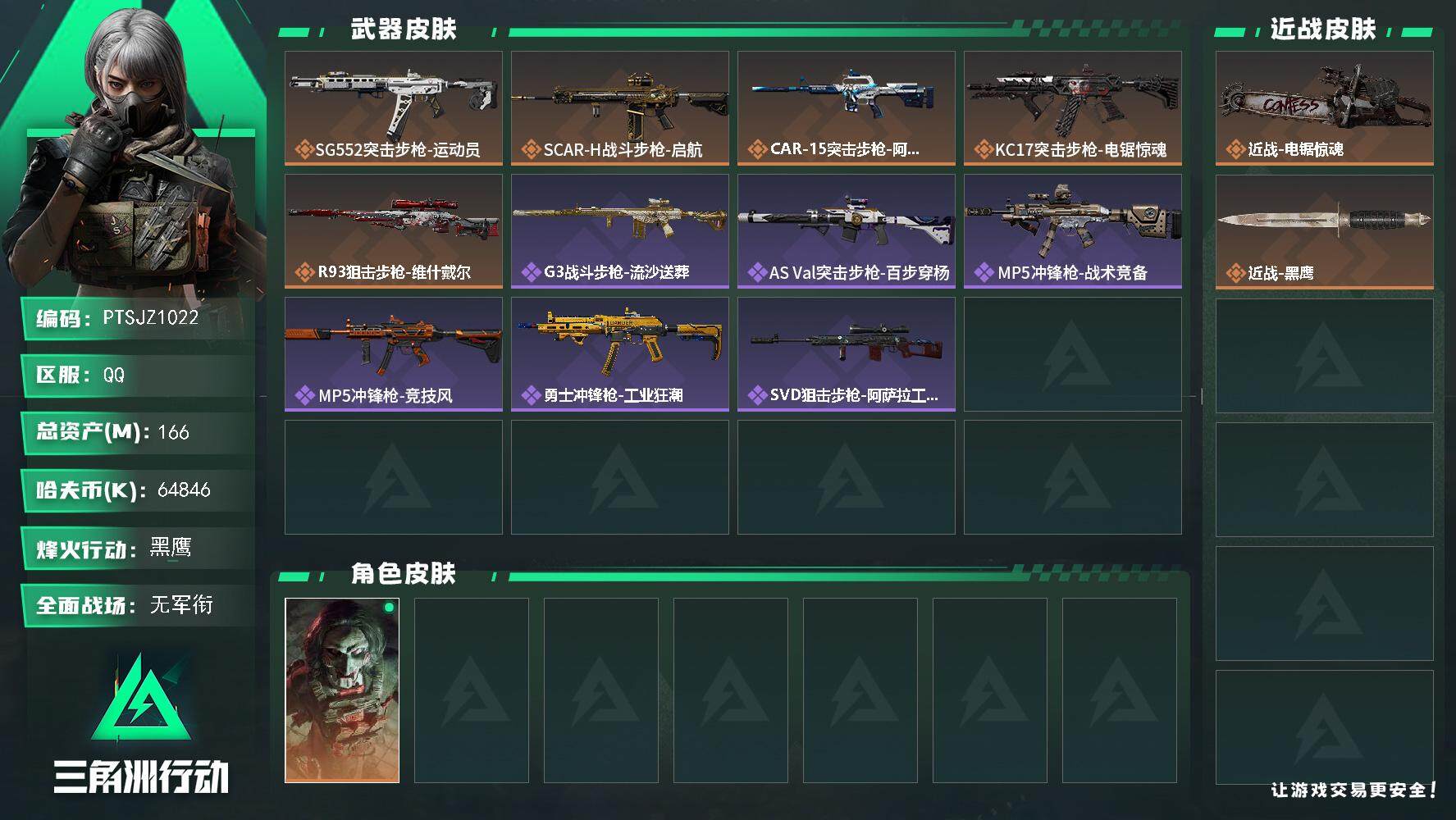 三角洲行动账号QQ【PTSJZ1022】【特价处理】64846k哈伏币-166m流动资产-60烽火等级-黑鹰-1战场等