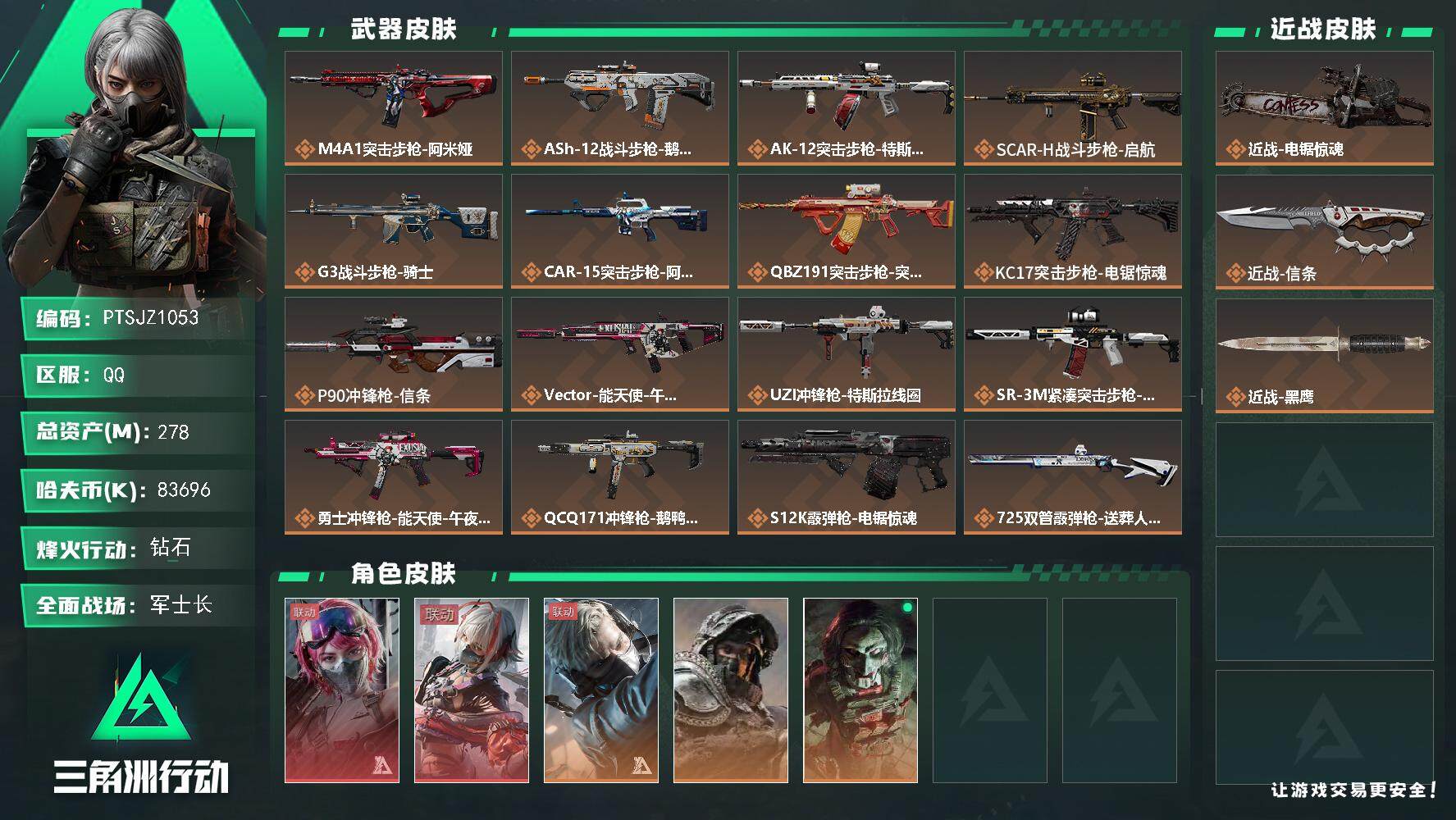 三角洲行动账号QQ【PTSJZ1053】【特价处理】83696k哈伏币-236m流动资产-60烽火等级-钻石-42战场