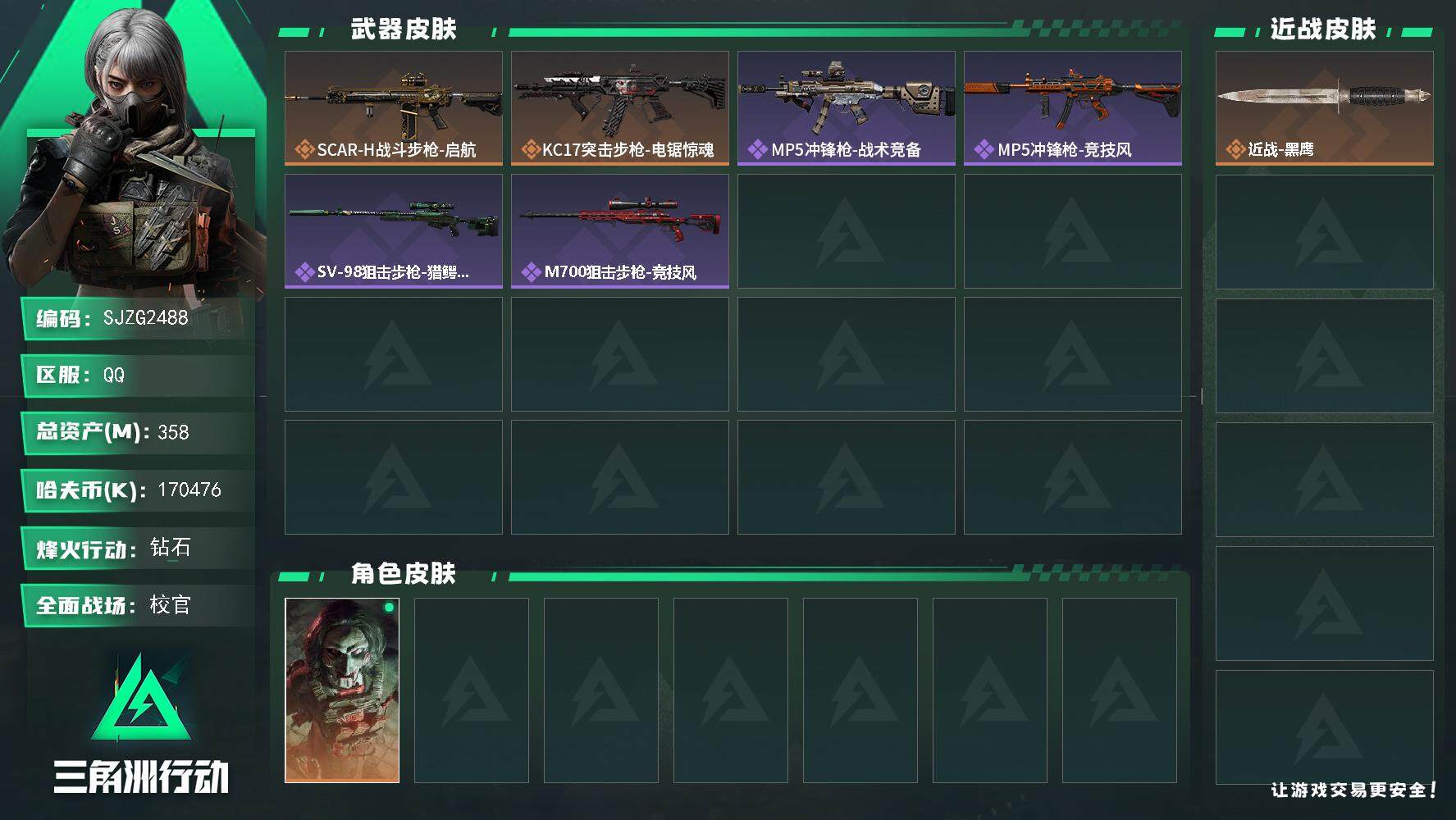 三角洲行动账号QQ【SJZG2488】总资产(M)：358M/哈夫币(K)：170476K/哈夫币(K)：170476K/传说枪皮数：2/全面战场等级：45_段位：校官/烽火地带等级：60_段位：钻石/红狼-电锯惊魂