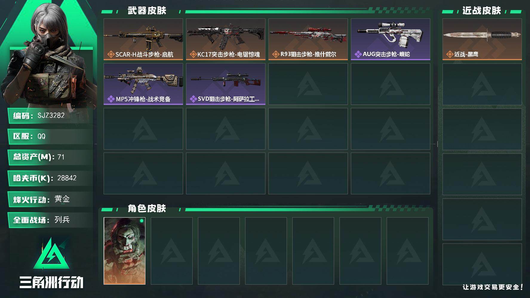 三角洲行动账号QQ【SJZ3282】总资产(M)：71M/哈夫币(K)：28842K/哈夫币(K)：28842K/传说枪皮数：3/全面战场等级：13_段位：列兵/烽火地带等级：60_段位：黄金/红狼-电锯惊魂/近战-