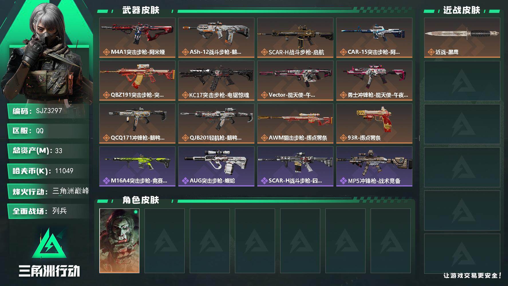三角洲行动账号QQ【SJZ3297】总资产(M)：33M/哈夫币(K)：11049K/哈夫币(K)：11049K/全面战场等级：8_段位：列兵/烽火地带等级：60_段位：三角洲巅峰/红狼-电锯惊魂/近战-黑鹰/M4A