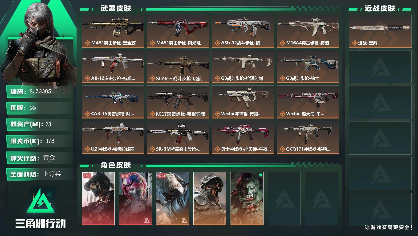 三角洲行动账号QQ【SJZ3305】总资产(M)：23M/哈夫币(K)：378K/哈夫币(K)：378K/全面战场等级：50_段位：上等兵/烽火地带等级：60_段位：黄金/露娜-黑·天际线/蛊-能天使午夜邮差/蜂医-