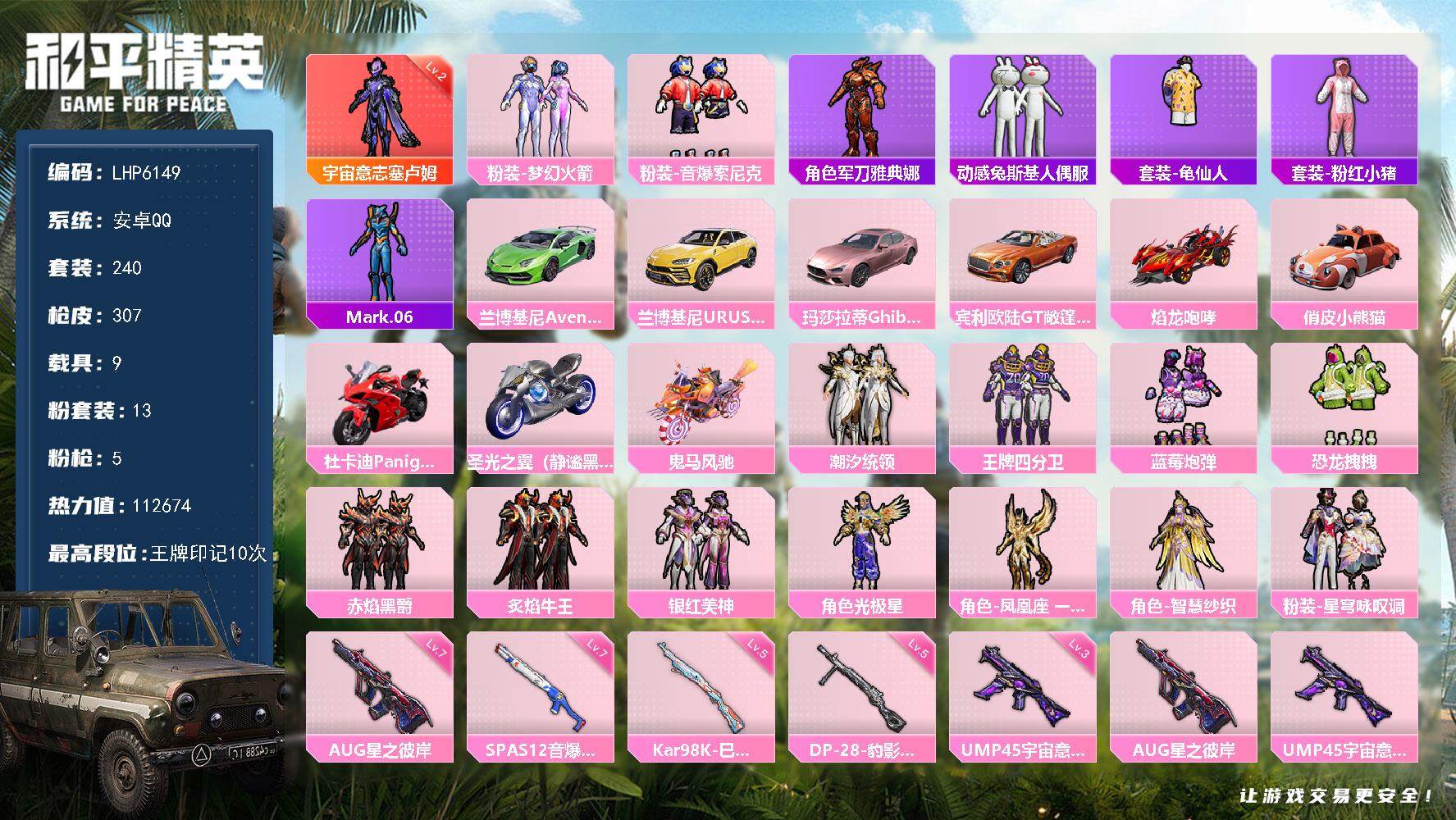和平精英账号安卓QQ可二次【店主推荐捡漏号！可直接换绑】/素材身法号安卓 手Q-1神装-13粉装-5特效枪-9载具-4粉色飞行器-11.2w热力值-10王牌印记-240套装-307枪皮【红色神装等级】：宇宙意志-塞卢姆