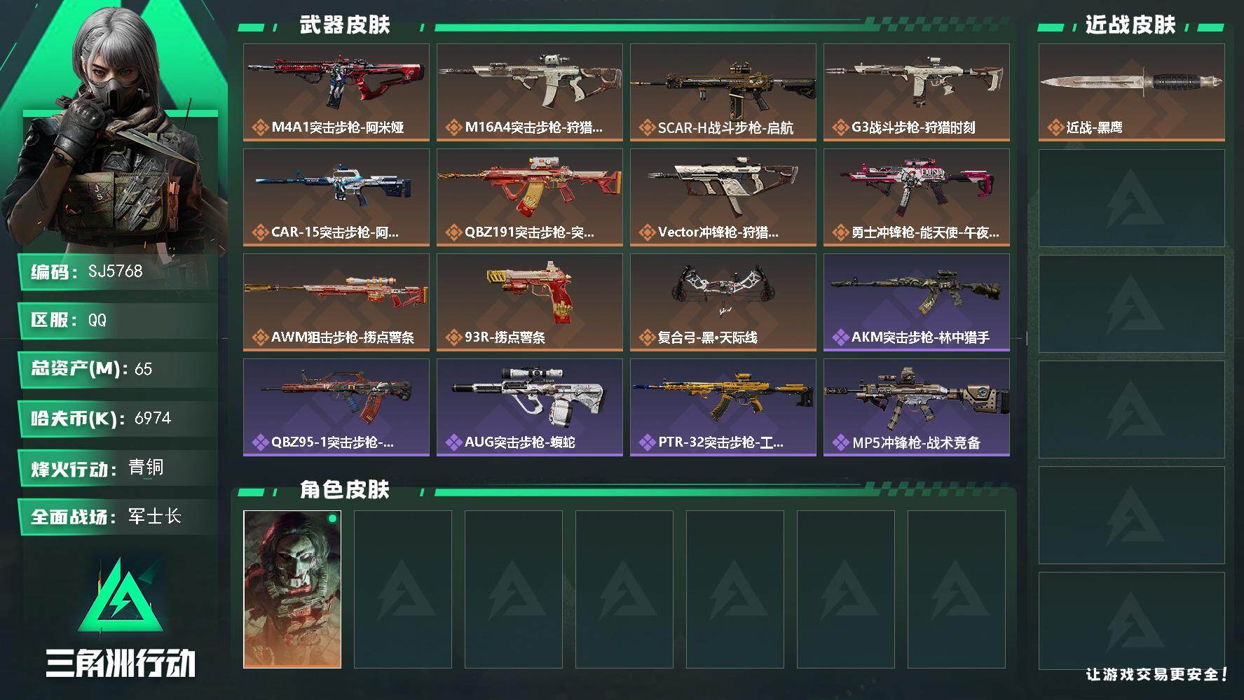 三角洲行动账号QQ【SJ5768】总资产(M)：65M/哈夫币(K)：6974K/哈夫币(K)：6974K/传说枪皮数