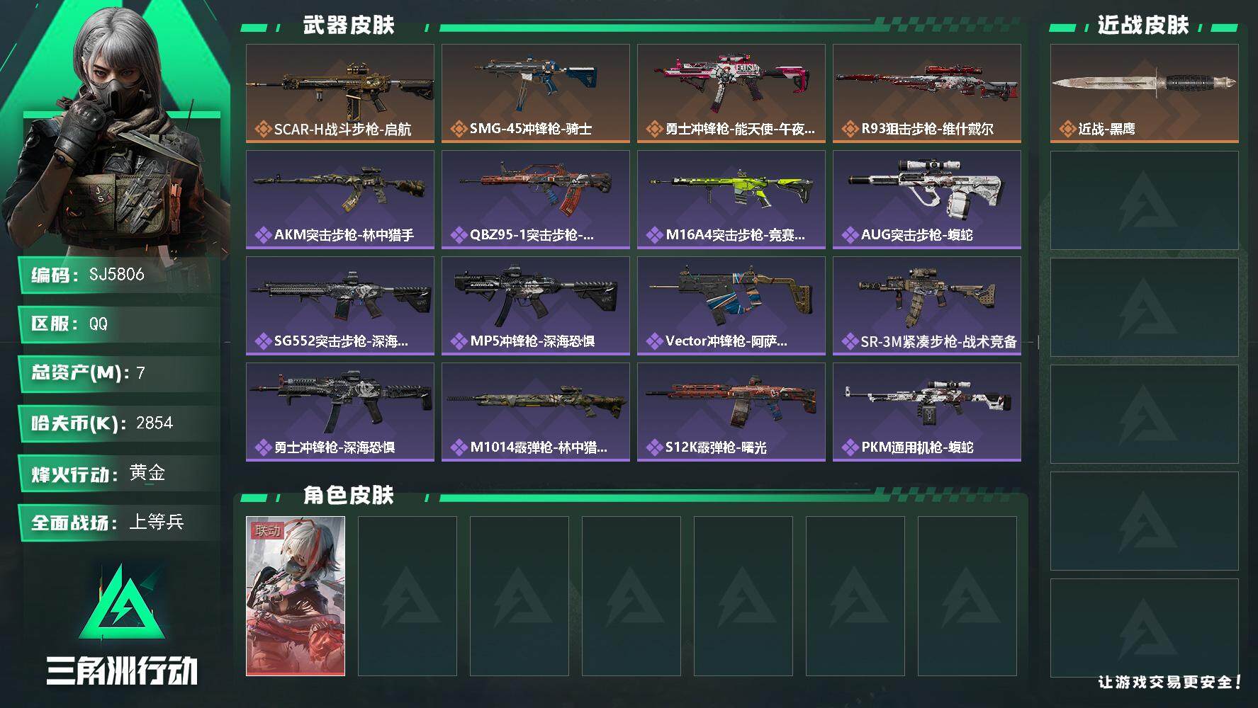 三角洲行动账号QQ【SJ5806】总资产(M)：7M/哈夫币(K)：2854K/哈夫币(K)：2854K/全面战场等级