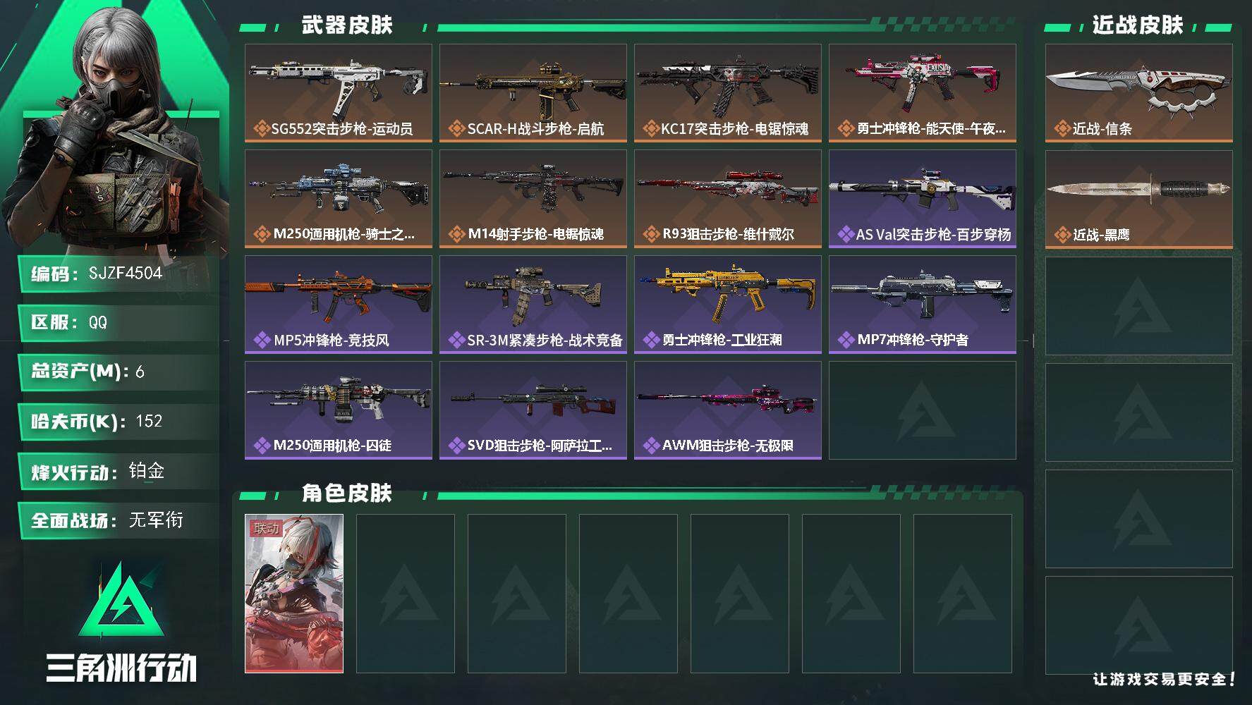 三角洲行动账号QQ【SJZF4504】总资产(M)：6M/哈夫币(K)：152K/哈夫币(K)：152K/全面战场等级：1_段位：无段位/烽火地带等级：46_段位：铂金/骇爪-维什戴尔/近战-信条/近战-黑鹰/SG5