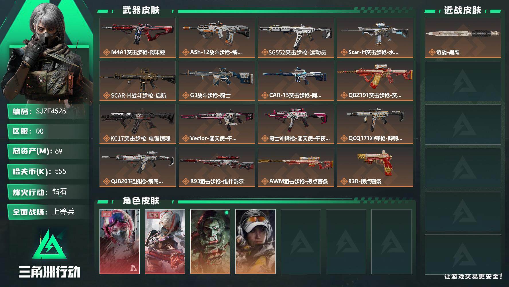 三角洲行动账号QQ【SJZF4526】总资产(M)：69M/哈夫币(K)：555K/哈夫币(K)：555K/全面战场等