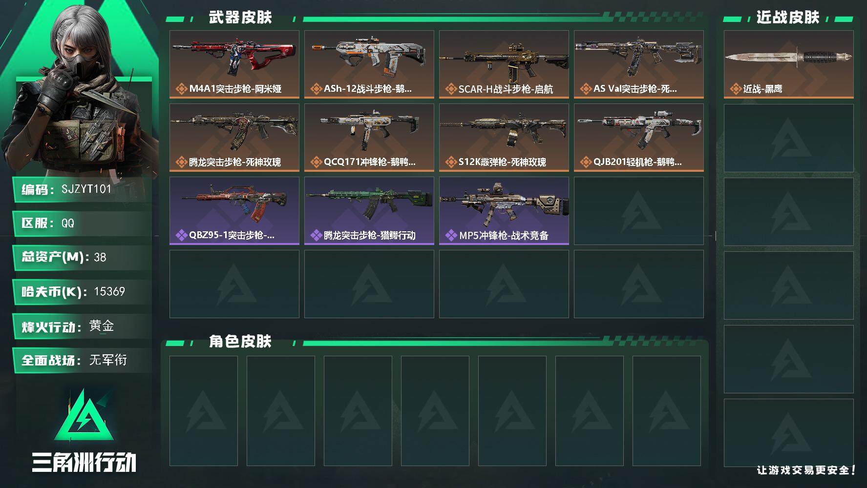 三角洲行动账号QQ【SJZYT101】总资产(M)：38M/哈夫币(K)：15369K/哈夫币(K)：15369K/传说枪皮数：8/全面战场等级：1_段位：无段位/烽火地带等级：36_段位：黄金/近战-黑鹰/M4A1