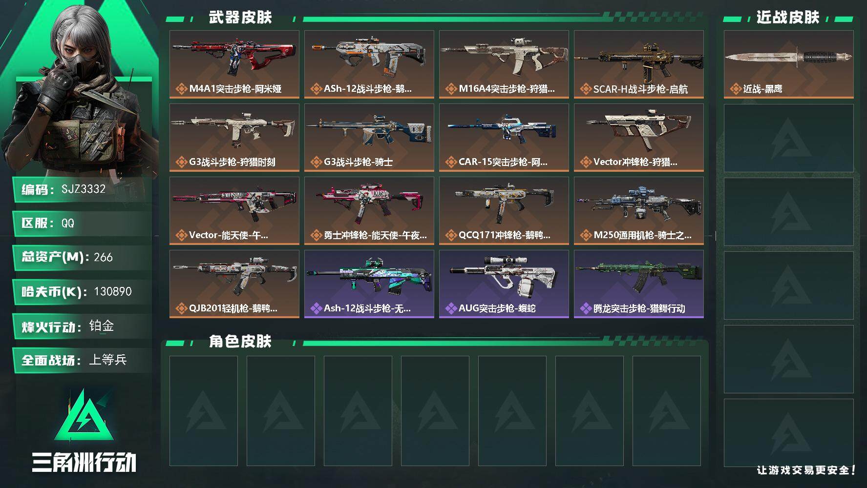 三角洲行动账号QQ【SJZ3332】总资产(M)：266M/哈夫币(K)：130890K/哈夫币(K)：130890K/全面战场等级：19_段位：上等兵/烽火地带等级：60_段位：铂金/近战-黑鹰/M4A1突击步枪-