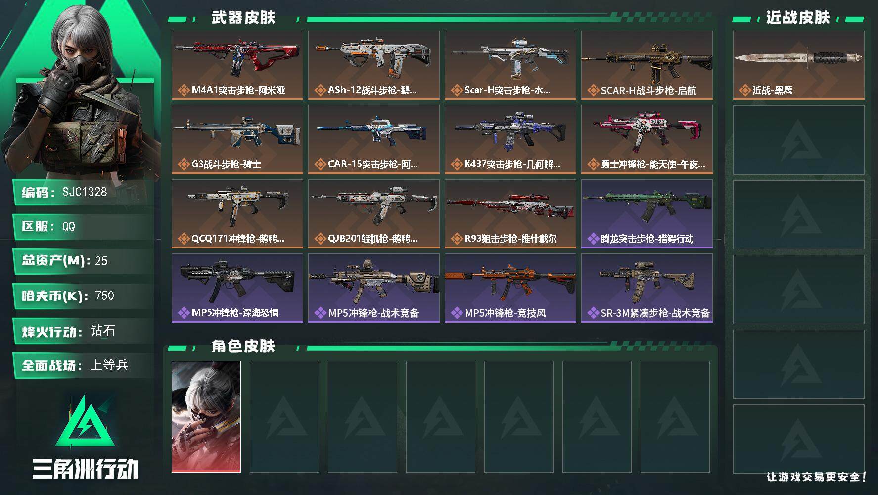 三角洲行动账号QQ【SJC1328】总资产(M)：25M/哈夫币(K)：750K/哈夫币(K)：750K/全面战场等级：21_段位：上等兵/烽火地带等级：60_段位：钻石/骇爪-水墨云图/近战-黑鹰/M4A1突击步枪