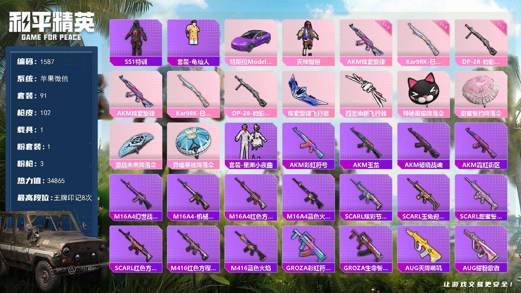 和平精英账号苹果微信1载具-91套装-102枪皮-91套装/枪械3/装备99/载具1/战备75/王牌印记8/热力值348