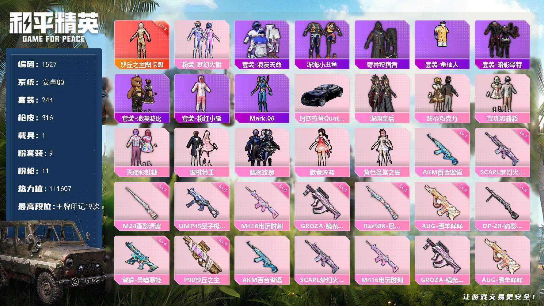 和平精英账号安卓QQ1载具-244套装-316枪皮-244套装/枪械11/装备422/载具1/战备260/王牌印记19/