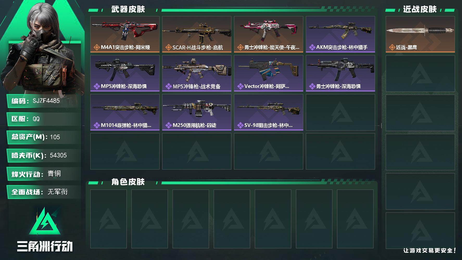 三角洲行动账号QQ【SJZF4485】总资产(M)：105M/哈夫币(K)：54305K/哈夫币(K)：54305K/传说枪皮数：3/全面战场等级：1_段位：无段位/烽火地带等级：56_段位：青铜/近战-黑鹰/M4A