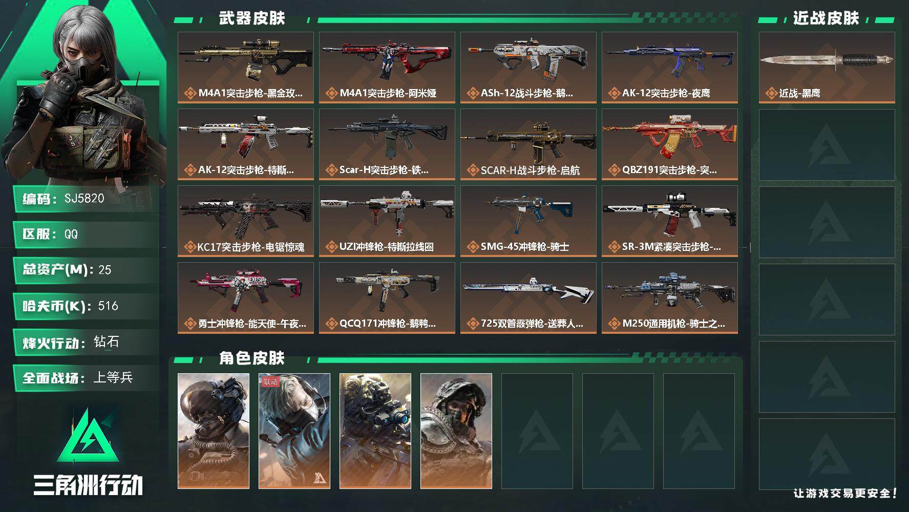 三角洲行动账号QQ【SJ5820】总资产(M)：25M/哈夫币(K)：516K/哈夫币(K)：516K/全面战场等级：32_段位：上等兵/烽火地带等级：60_段位：钻石/威龙-壮志凌云/蜂医-送葬人·无题密令/无名-