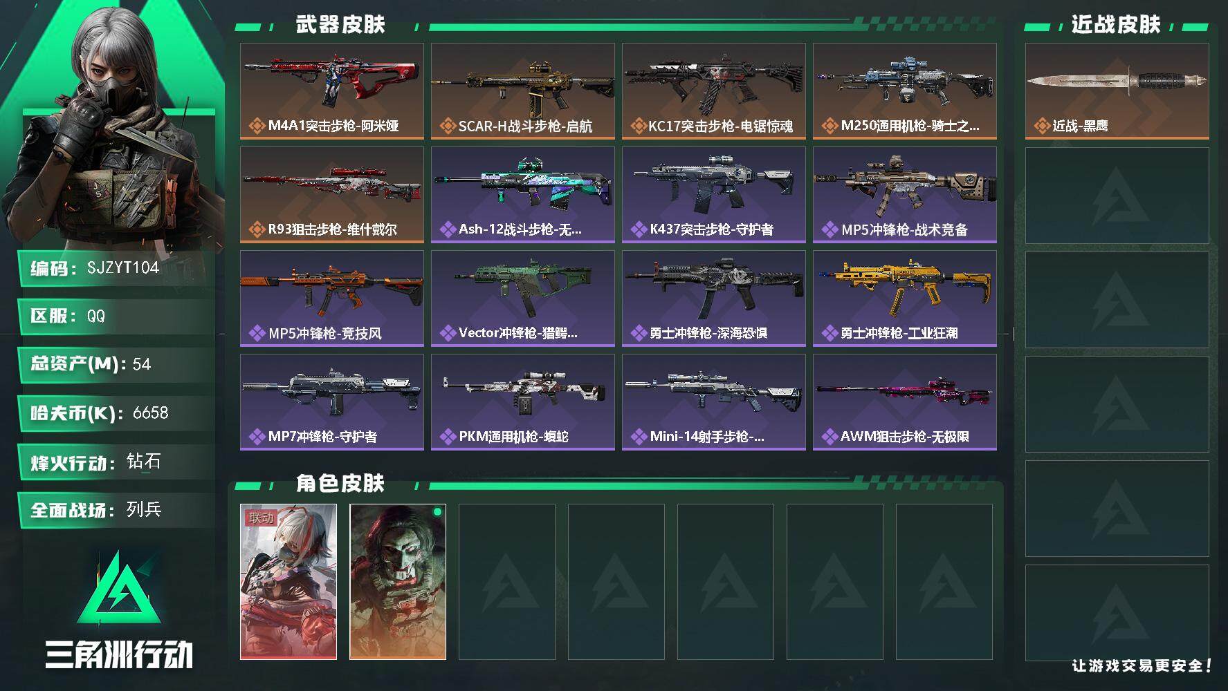 三角洲行动账号QQ【SJZYT104】总资产(M)：54M/哈夫币(K)：6658K/哈夫币(K)：6658K/全面战