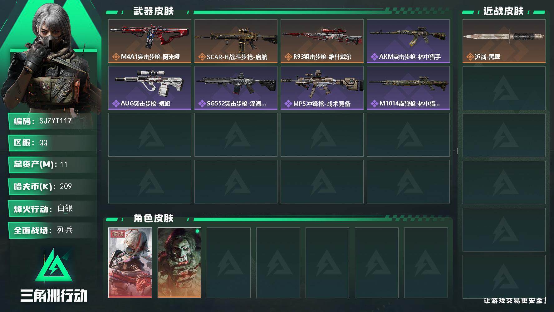 三角洲行动账号QQ【SJZYT117】总资产(M)：11M/哈夫币(K)：209K/哈夫币(K)：209K/全面战场等级：27_段位：列兵/烽火地带等级：44_段位：白银/骇爪-维什戴尔/红狼-电锯惊魂/近战-黑鹰/
