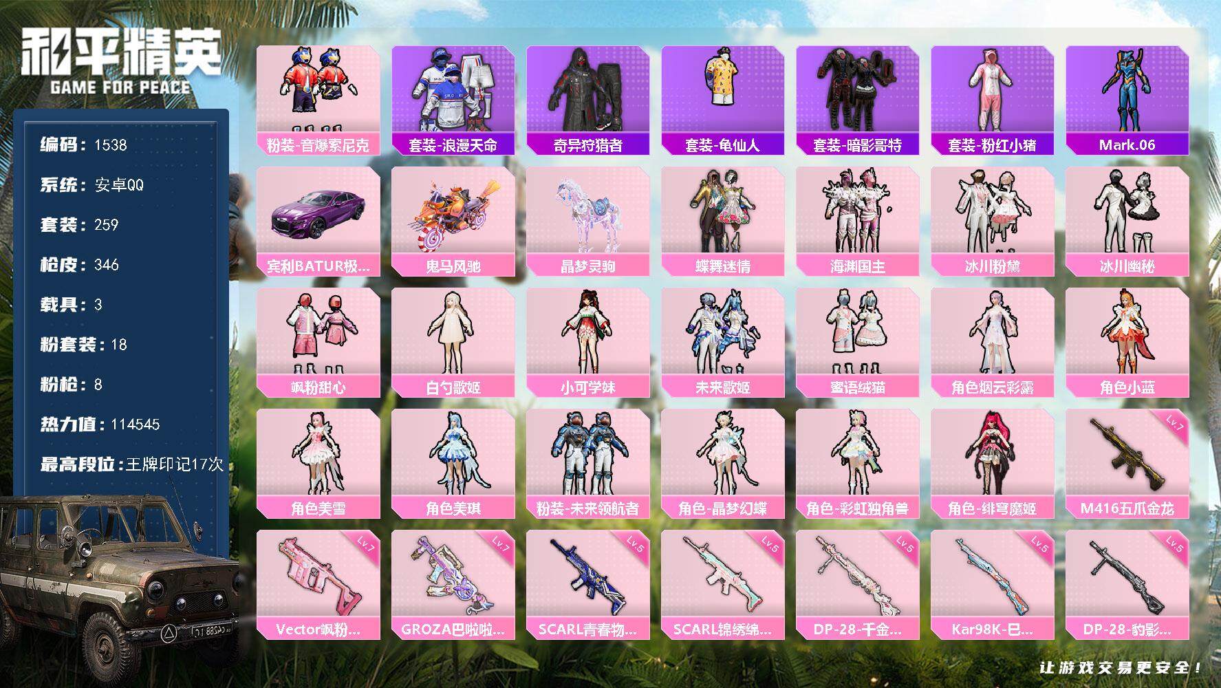 和平精英账号安卓QQ3载具-259套装-346枪皮-259套装/枪械8/装备492/载具3/战备274/王牌印记17/热