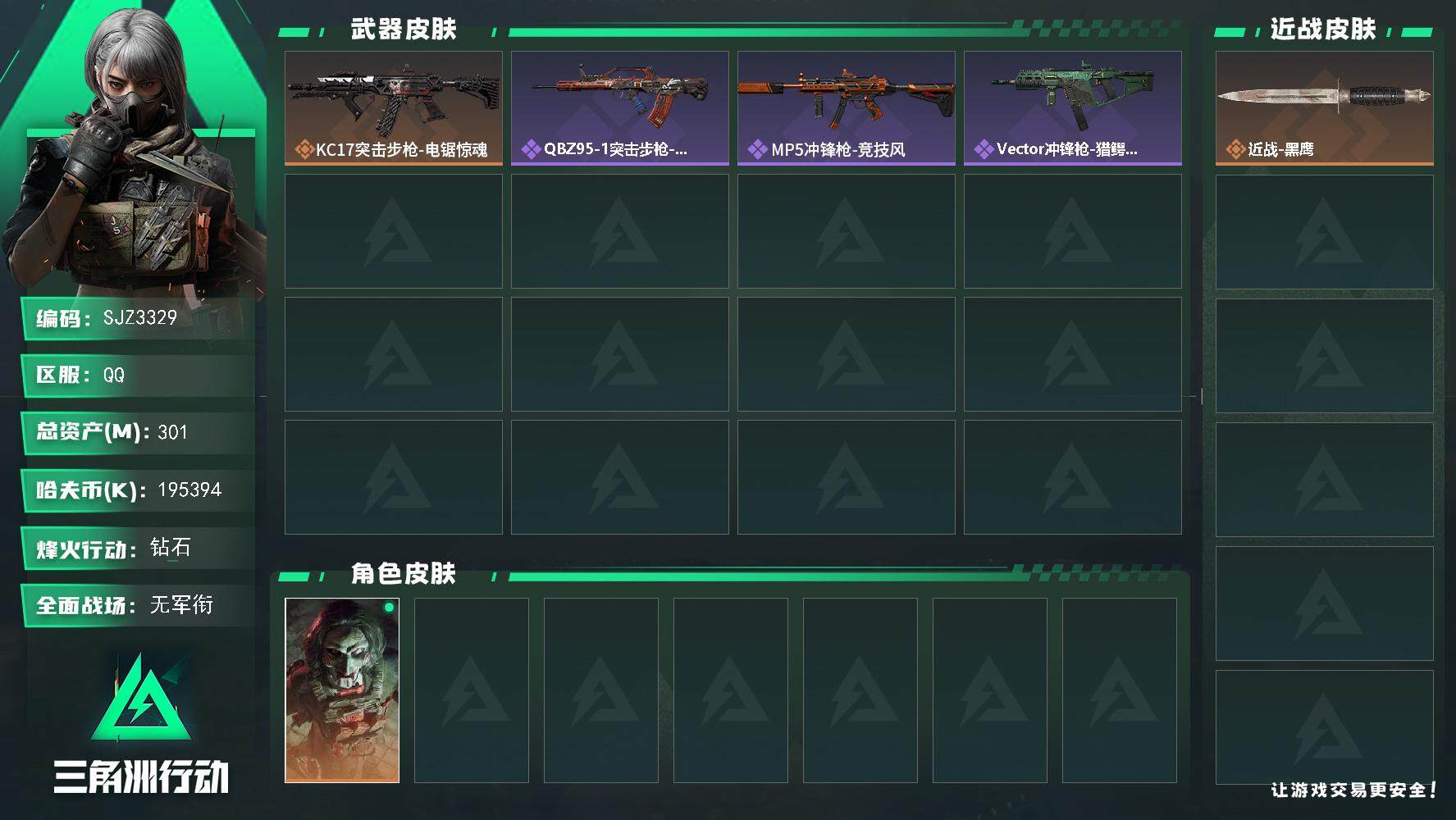 三角洲行动账号QQ【SJZ3329】总资产(M)：301M/哈夫币(K)：K/哈夫币(K)：K/全面战场等级：1_段位