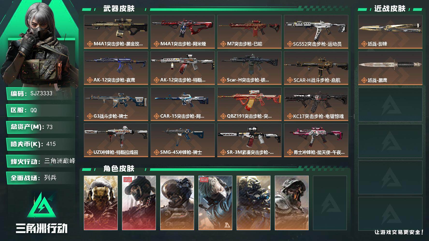 三角洲行动账号QQ【SJZ3333】总资产(M)：73M/哈夫币(K)：415K/哈夫币(K)：415K/全面战场等级